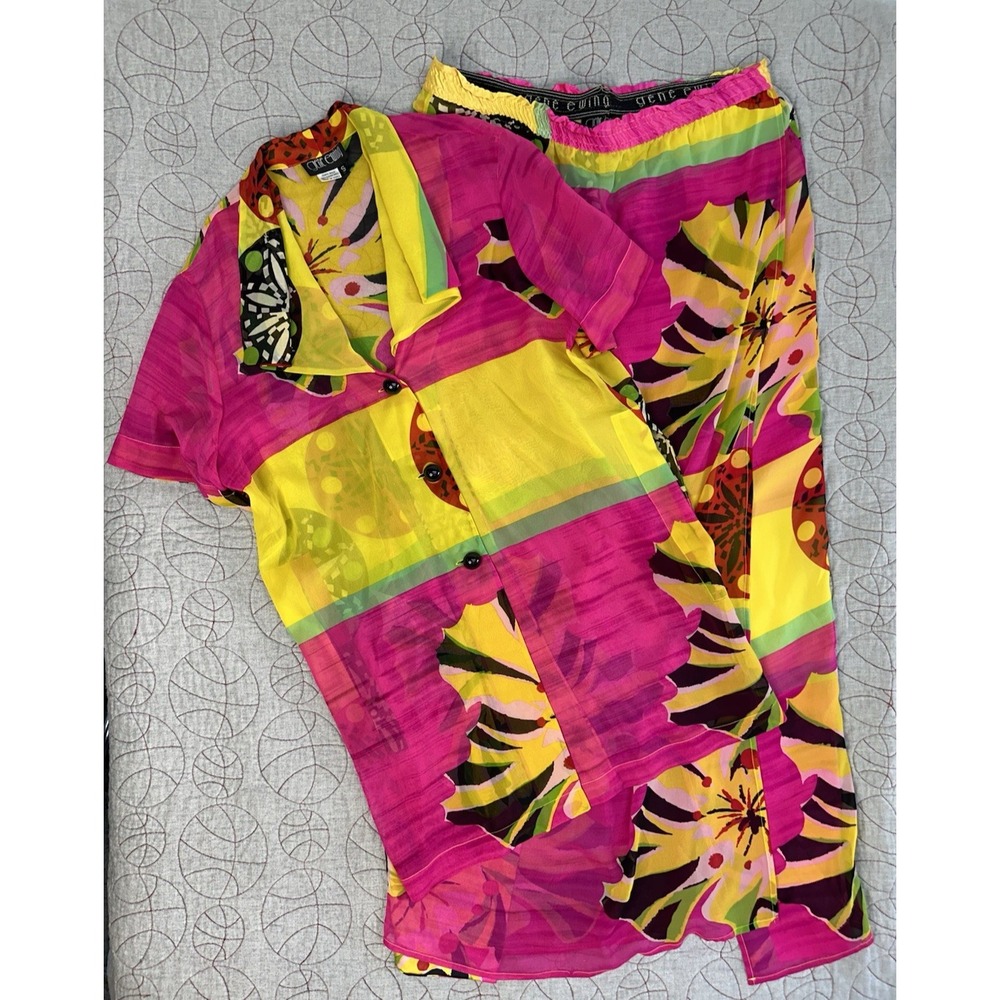 Gene Ewing 100% Silk Long Top Maxi Skirt Set / Bright Neon Tropical Floral Small